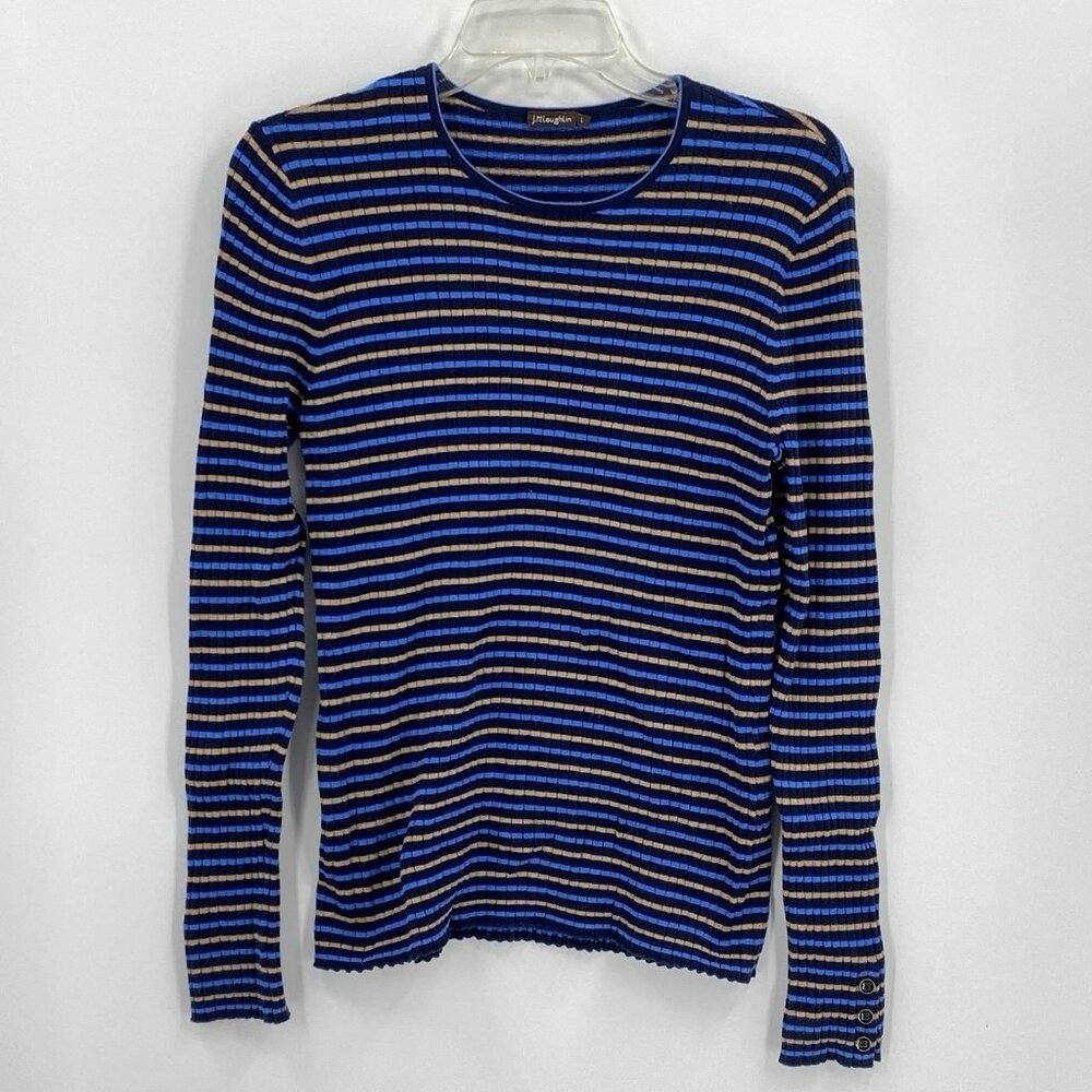 J McLaughlin Annette Striped Ribbed Sweater Blue Brown Cotton Blend Womens L